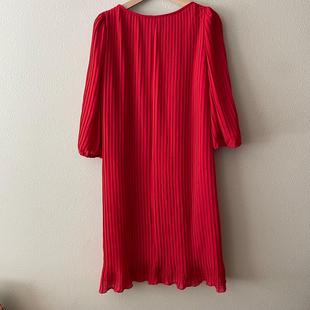 80s vintage red pleated midi dress with puff sleeves maximalist - Picture 4 of 10